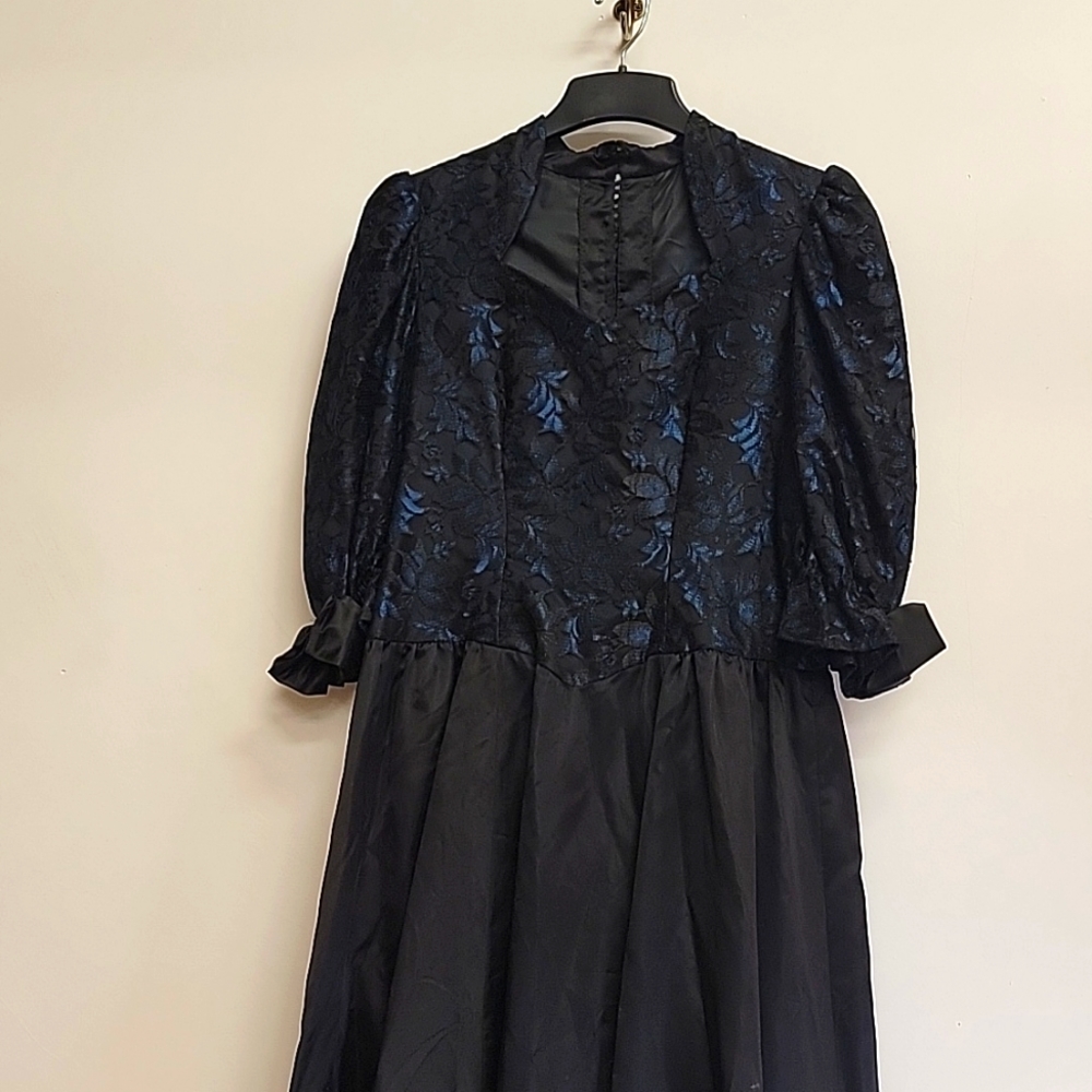 Vintage Gothic 80s 90s Prom Lace Satin Dress Full Length Black Blue Large XL